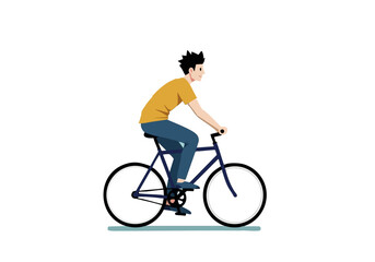 Obraz premium A young man cycles on a blue bicycle, showcasing an active lifestyle. Simple, clean illustration with a pastel background. Perfect for health, fitness, and outdoor themes.