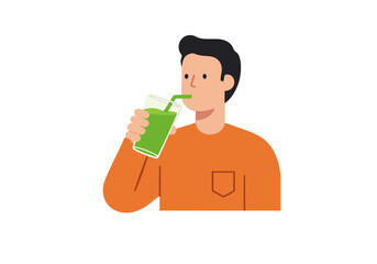 A young man enjoys a refreshing green smoothie. Clean, modern illustration style. Focus on healthy lifestyle and vibrant colors. Suitable for health & wellness marketing.