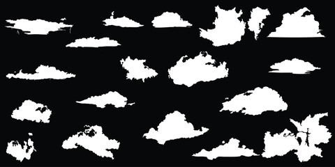 Collection of vector silhouettes of clouds in different abstract shapes on white background