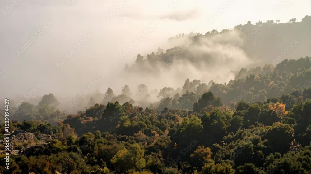 Poster overhead view of forest shrouded in heavy fog, mist rolls across the landscape and filters through t