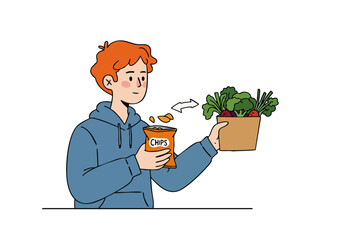 A young man swaps chips for fresh vegetables, illustrating a healthy swap. Modern illustration style, bright colors, and a playful concept.
