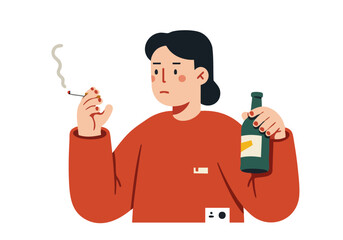 A melancholic young woman holds a cigarette and a bottle, conveying a sense of introspection.  Bold red clothing and a muted background create a striking visual.