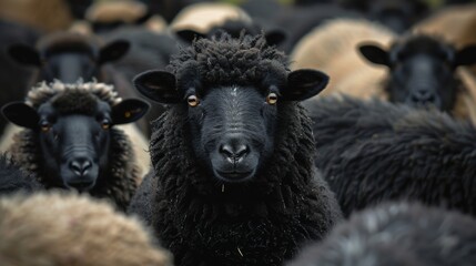 Obraz premium A close-up photograph capturing a curious black sheep standing out among a flock, presenting an intriguing contrast and evoking curiosity about individuality in nature.