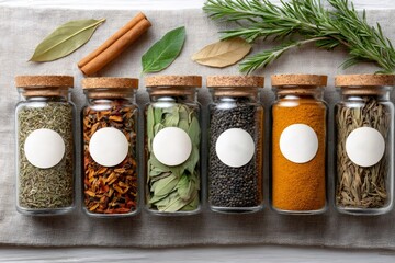 Glass spice jars with blank labels and fresh herbs displayed on table