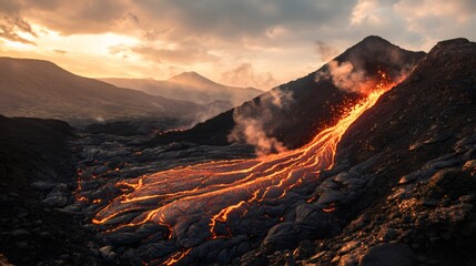 Glowing orange lava cascading down the dark slopes of a volcanic mountain at sunset creates a breathtaking scene, showcasing the raw power and beauty of nature's forces