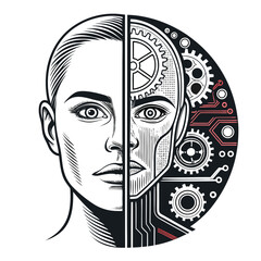 A surreal portrait depicting an android face, bisected; one half human, expressive; the other half metallic, circuit-board detailed. High detail, 8k resolution.