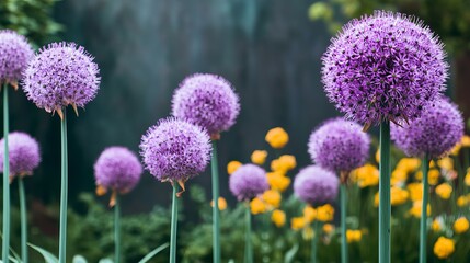Obraz premium Vibrant Allium Garden with Decorative Flowers and Bright Yellow Blooms Creating Floral Splendor