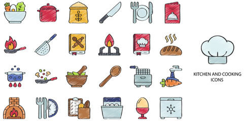 Kitchen and Cooking simple concept 24 hand drawn color icons set .Vector illustration.