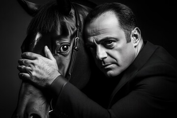 Wealthy man in elegant suit with intense gaze embracing prize-winning horse, intense moment of pride, ownership, and emotional bond