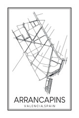 Hand drawn printable downtown road map poster of district ARRANCAPINS of the Spanish city of VALENCIA on solid white background with city name