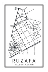 Hand drawn printable downtown road map poster of district RUZAFA of the Spanish city of VALENCIA on solid white background with city name