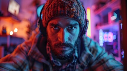 Obraz premium A detailed close-up of a serious gamer wearing headphones in a vibrant, neon-lit room reflects the intensity and passion found in the world of competitive gaming today.