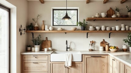 Wooden cabinetry and stone surface define this inviting kitchen space