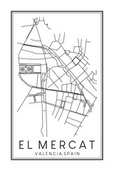 Hand drawn printable downtown road map poster of district EL MERCAT of the Spanish city of VALENCIA on solid white background with city name