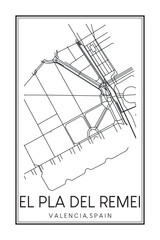 Hand drawn printable downtown road map poster of district EL PLA DEL REMEI of the Spanish city of VALENCIA on solid white background with city name