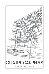 Obraz premium Hand drawn printable downtown road map poster of district QUATRE CARRERES of the Spanish city of VALENCIA on solid white background with city name