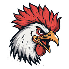 Create a digital painting of an angry chicken head, featuring a vibrant mohawk and a cracked, bleeding beak.  Show intense expression.