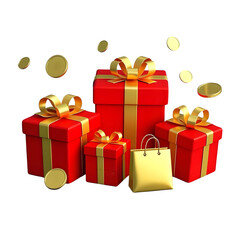 Obraz premium Red gift boxes with gold ribbons and coins isolated on transparent background