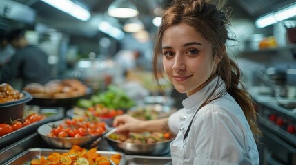 A young, smiling female chef stands in a bustling kitchen, surrounded by vibrant fresh ingredients, embodying the joy and passion for cooking in a professional culinary environment.