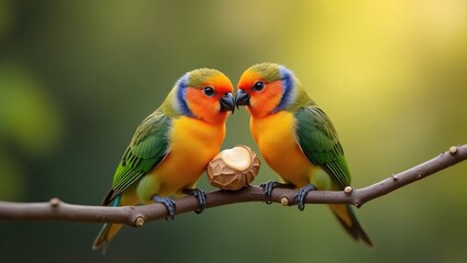 Fototapeta premium Loving colorful birds perched on branch in nature