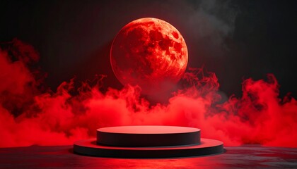 Crimson celestial body hovers above the stage