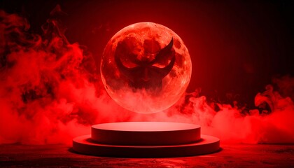 Eerie crimson moon with sinister face presides