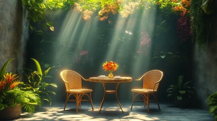 A Sunny Nook in Paradise: A rattan table set with floral arrangement bathed in sunlight surrounded by lush greenery creating a serene oasis of relaxation.