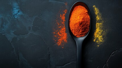 Spoonful of Spice: Vibrant colored spice powder in spoon and scattered against a black stone surface in photorealistic style, creating a striking culinary image.
