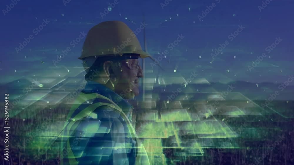 Poster engineer activating digital grid overlay across wind farm field, mapping terrain with live data