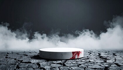 Bleeding platform on parched earth amidst eerie mist