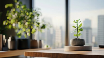 A small plant sits on a desk overlooking a city
