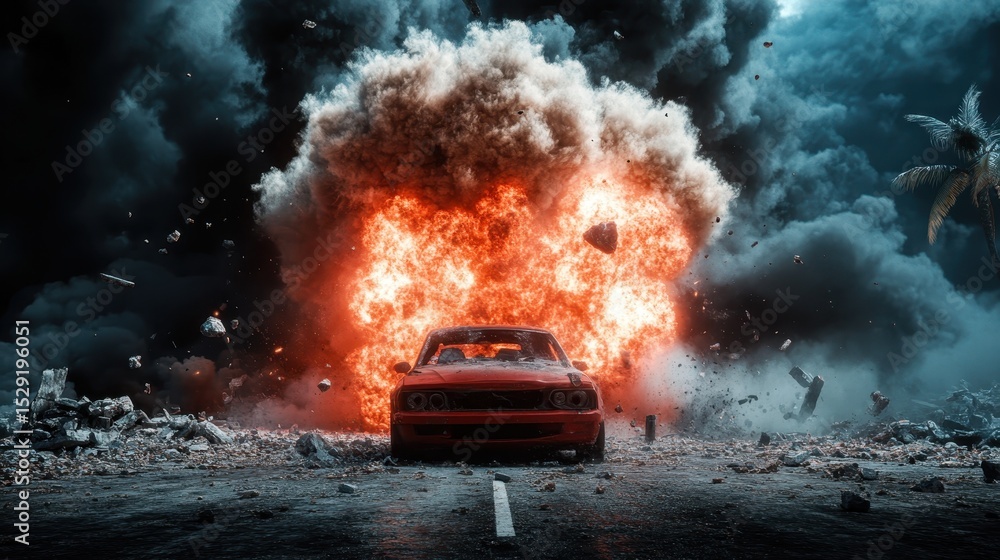 Poster a striking image depicting an explosion with a car amidst chaos, capturing intense action and convey