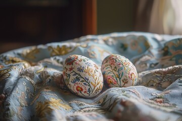 Three decorated Easter eggs with delicate floral motifs on embroidered cloth in cozy room, festive pastel colors and intricate embroidery details