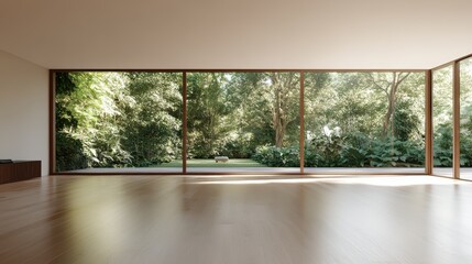 A spacious interior featuring expansive windows that offer a serene view of a lush garden, emphasizing the connection between indoor and outdoor environments.