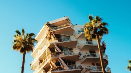Destructive seismic waves demolishing concrete apartment complex near palm trees, threatening residential neighborhood under cloudless tropical sky