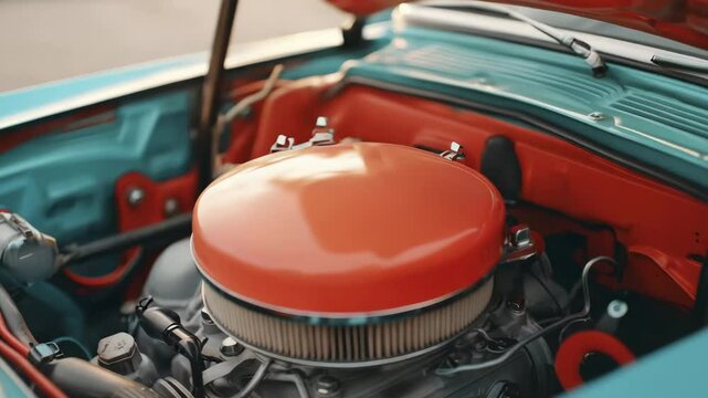 A brightly colored classic car engine with a large round red air filter cover under an open hood.