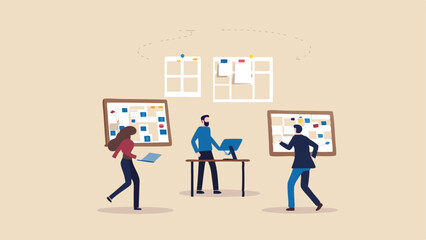 Team collaboration with agile boards and sticky notes in a modern office environment illustration