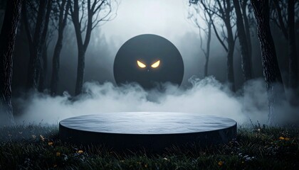 Eerie Glowing Eyes Amidst Misty Forest Stage
