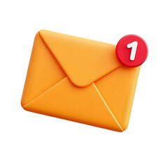 Orange 3d envelope with one new message notification isolated on transparent background