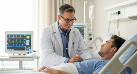 Obraz premium Doctor caring for patient in hospital ward, checking condition of patient lying on bed