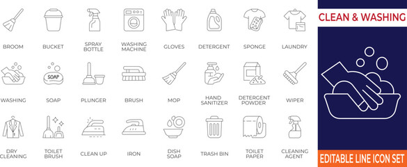 A modern icon set for cleaning, laundry, and hygiene tools and supplies. Perfect for housekeeping, sanitation, and wash-related infographics or UI design.