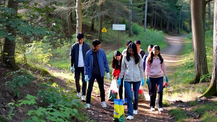 Group of young volunteers walking through forest collecting waste for environmental cause
