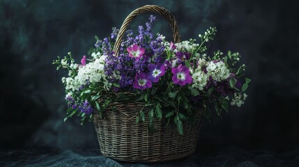 Vintage basket with purple and white wild flowers on dark moody background, still life composition with atmospheric floral arrangement