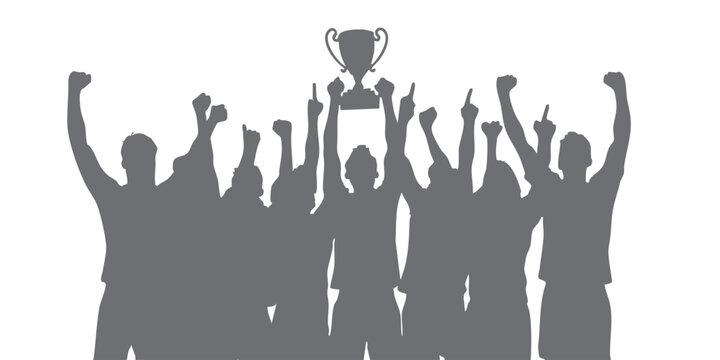Vector design of champion team lifting trophy with enthusiasm. Joyful and energetic atmosphere, depicting the peak moment of victory. Suitable for presentation, infographic, or motivational content.