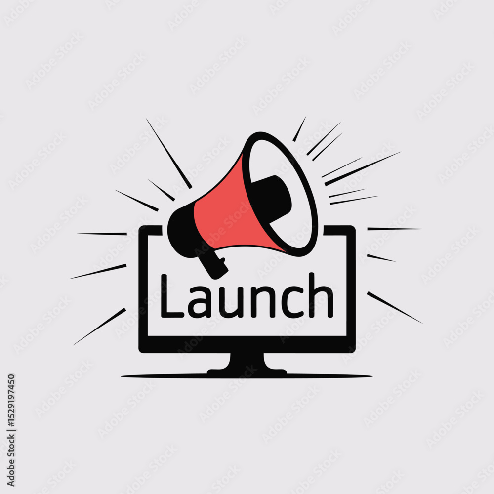 Poster announcing a new product launch on a computer screen with a megaphone