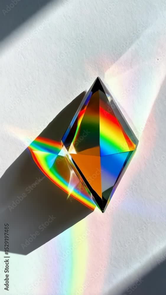Poster prism dispersing light spectrum on white surface, creating a rainbow effect and shadow.