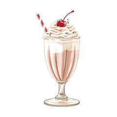 Classic milkshake with cherry on top: An delectable milkshake topped with whipped cream and a juicy cherry is presented in vector graphic style.