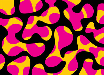 Abstract spotted background of yellow, purple and black spots. Vector pattern. Modern design element. Vector purple black yellow background for covers, advertising, packaging. Animal skin, camouflage