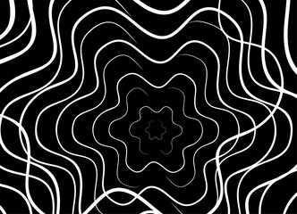 Vector pattern of thin wavy white lines on a black background. Modern design element. Vector background for covers, advertising, packaging. Abstract flowers