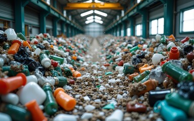 Obraz premium A photostock image of a recycling plant sorting and processing recyclable waste, ideal for sustainability themes. High quality
